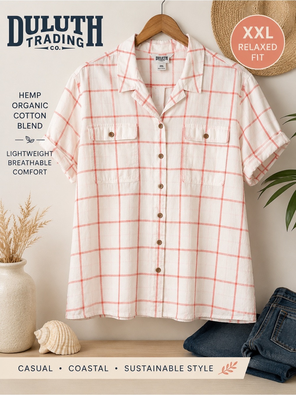 Duluth Trading Co Hemp Organic Cotton Windowpane Plaid Button Front Shirt XXL